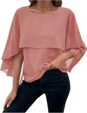 HGps8w Cape Shawls Top for Women Summer Lightweight Flowy Shirts Double-Layered Dressy Chiffon Poncho Blouse
