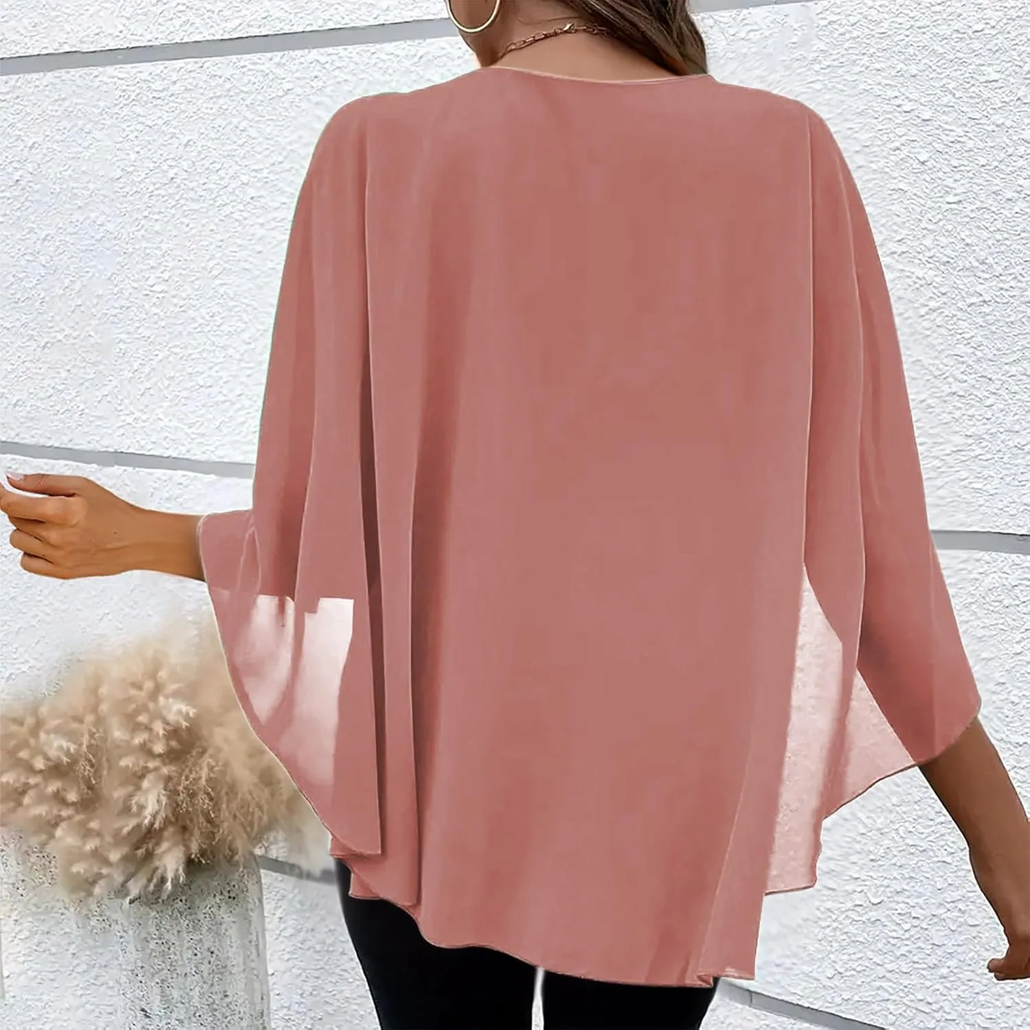 HGps8w Cape Shawls Top for Women Summer Lightweight Flowy Shirts Double-Layered Dressy Chiffon Poncho Blouse