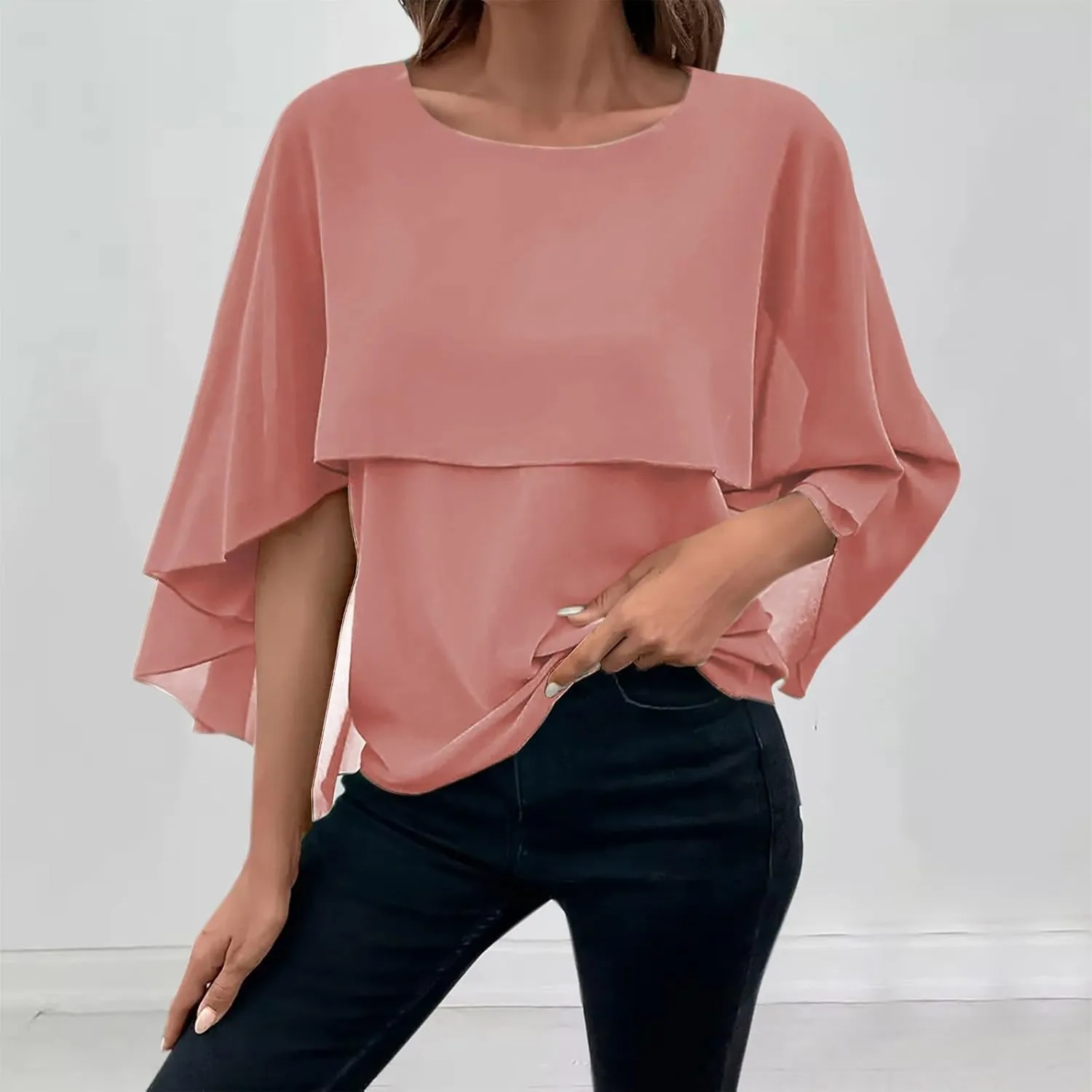 HGps8w Cape Shawls Top for Women Summer Lightweight Flowy Shirts Double-Layered Dressy Chiffon Poncho Blouse