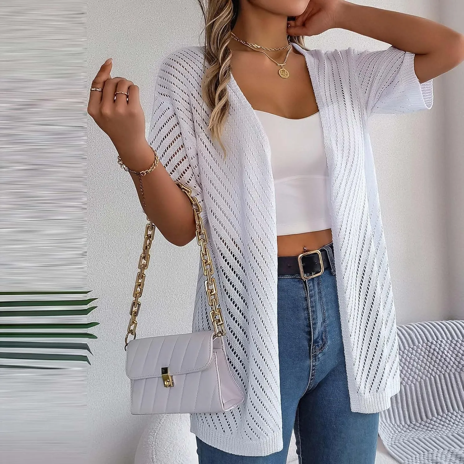 HGps8w Women's Knitted Cardigans, Short Sleeve Casual Summer Lightweight Beach Coverups Loose Open Front Hollow Tunic Shirts