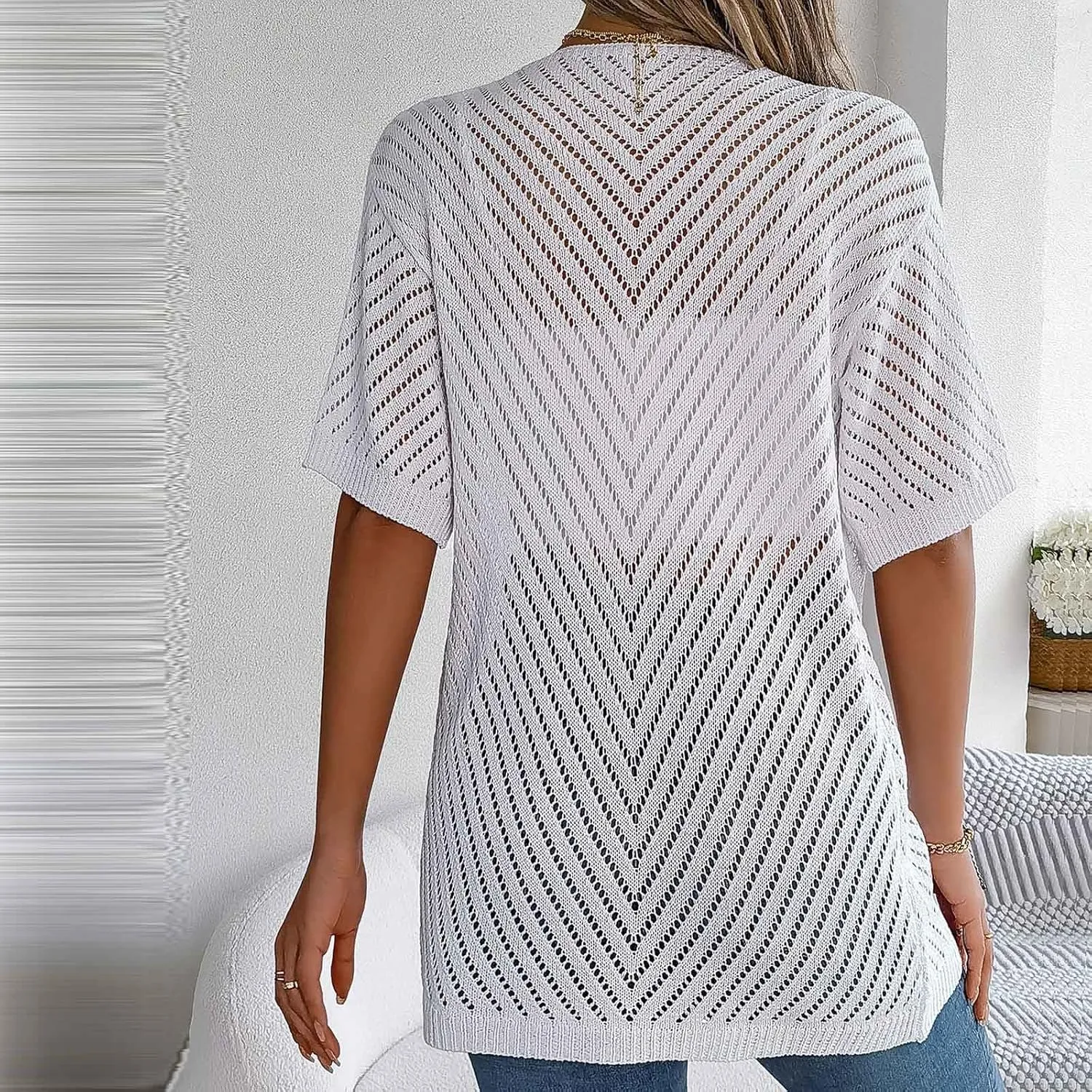 HGps8w Women's Knitted Cardigans, Short Sleeve Casual Summer Lightweight Beach Coverups Loose Open Front Hollow Tunic Shirts