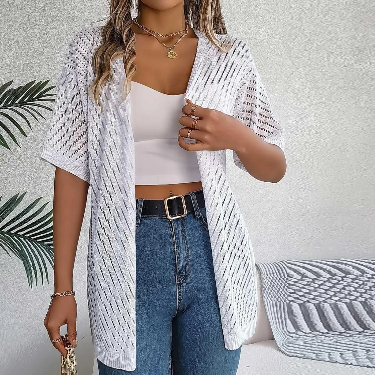 HGps8w Women's Knitted Cardigans, Short Sleeve Casual Summer Lightweight Beach Coverups Loose Open Front Hollow Tunic Shirts