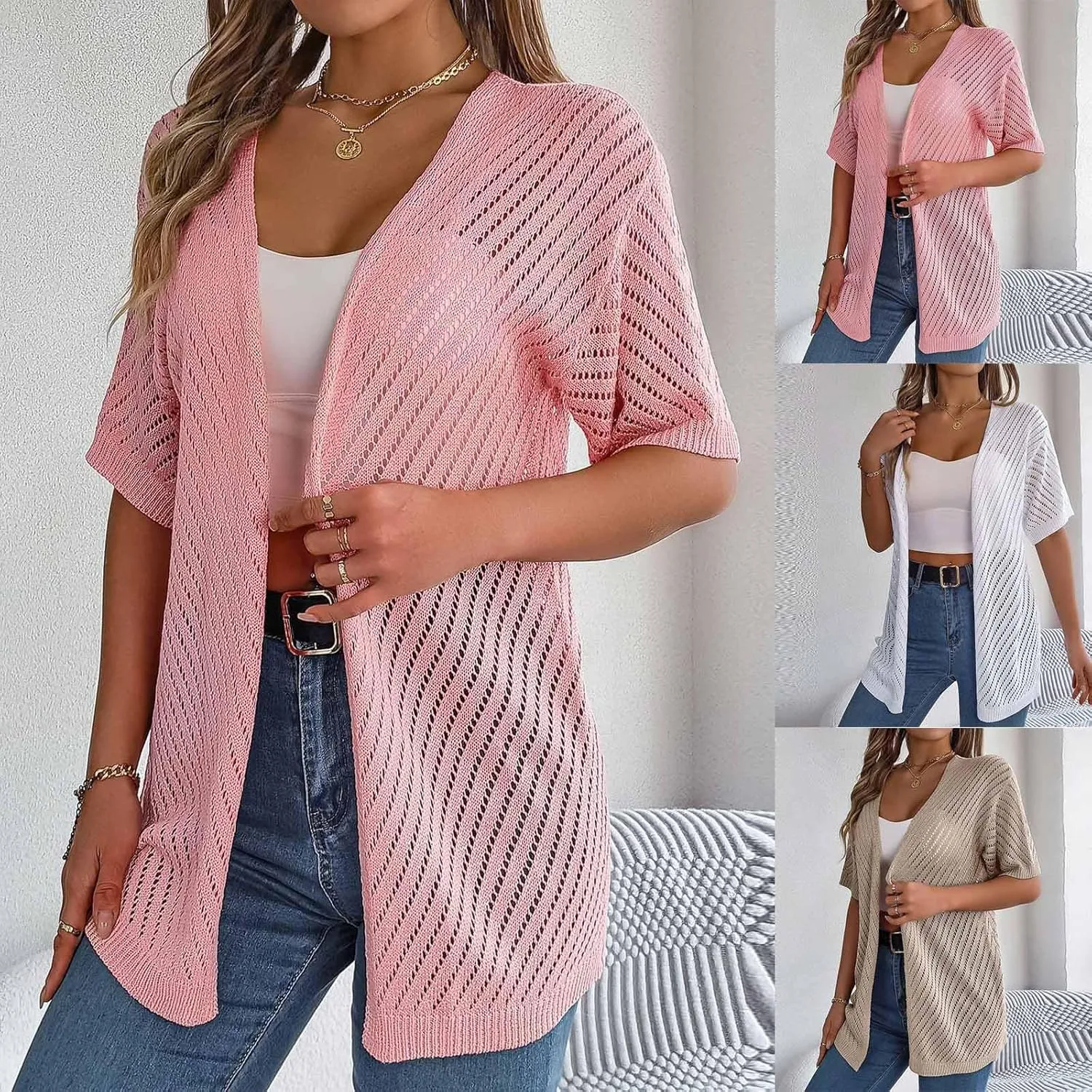 HGps8w Women's Knitted Cardigans, Short Sleeve Casual Summer Lightweight Beach Coverups Loose Open Front Hollow Tunic Shirts