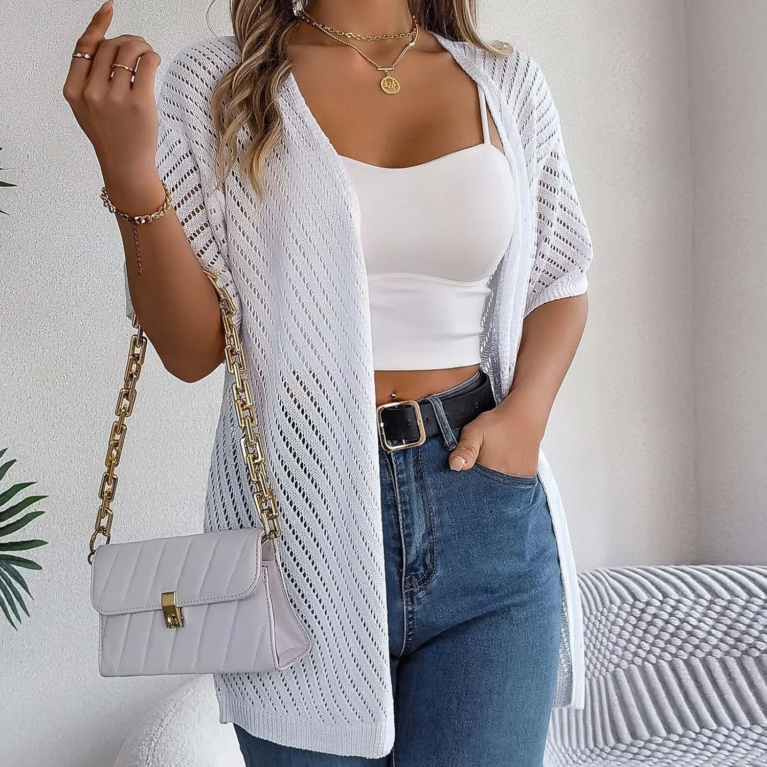HGps8w Women's Knitted Cardigans, Short Sleeve Casual Summer Lightweight Beach Coverups Loose Open Front Hollow Tunic Shirts