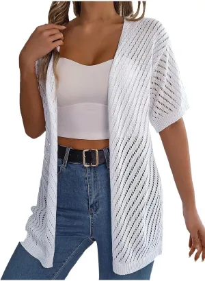 HGps8w Women's Knitted Cardigans, Short Sleeve Casual Summer Lightweight Beach Coverups Loose Open Front Hollow Tunic Shirts