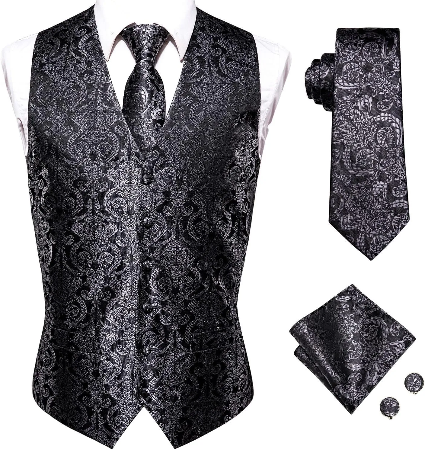 Hi-Tie Silk Mens Suit Vest and Tie Set Paisley Floral Jacquard Formal Dress Waistcoat For Tuxedo Wedding Party Business