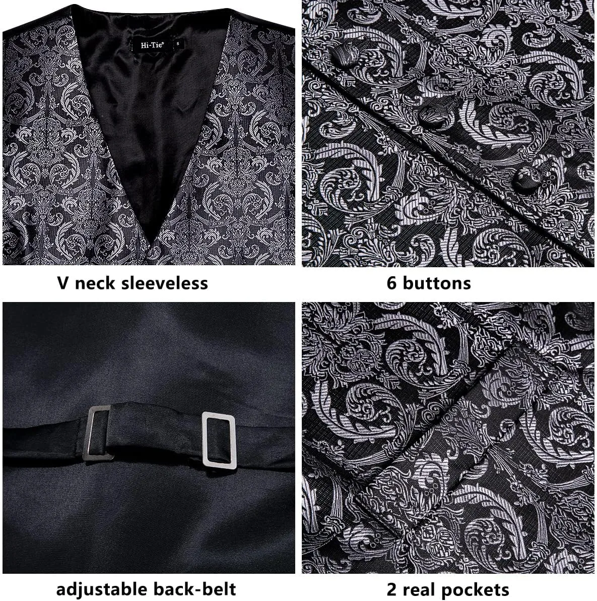 Hi-Tie Silk Mens Suit Vest and Tie Set Paisley Floral Jacquard Formal Dress Waistcoat For Tuxedo Wedding Party Business