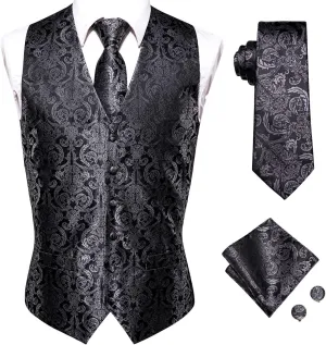 Hi-Tie Silk Mens Suit Vest and Tie Set Paisley Floral Jacquard Formal Dress Waistcoat For Tuxedo Wedding Party Business
