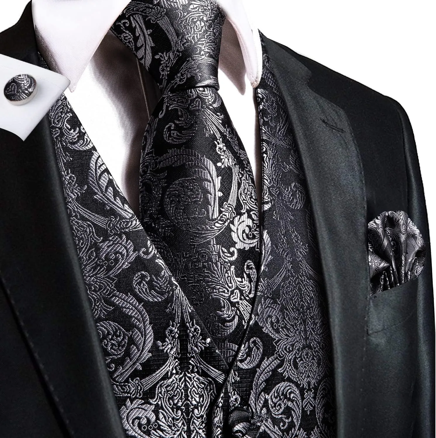 Hi-Tie Silk Mens Suit Vest and Tie Set Paisley Floral Jacquard Formal Dress Waistcoat For Tuxedo Wedding Party Business
