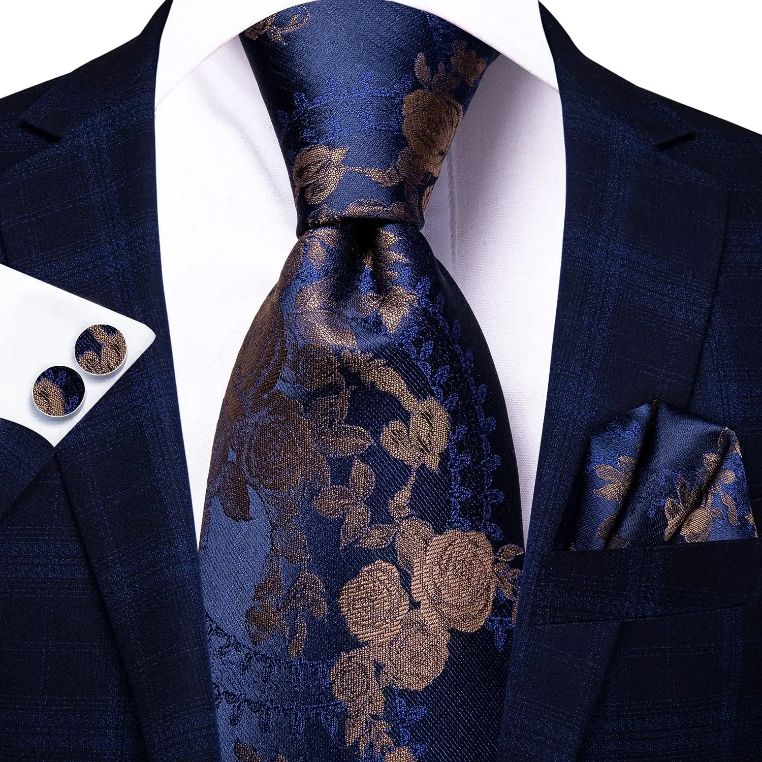 Hi-Tie Silk Ties for Men Plaid Paisley Striped Necktie Pocket Square Cufflinks Set Formal Business