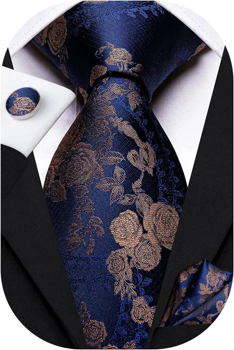 Hi-Tie Silk Ties for Men Plaid Paisley Striped Necktie Pocket Square Cufflinks Set Formal Business