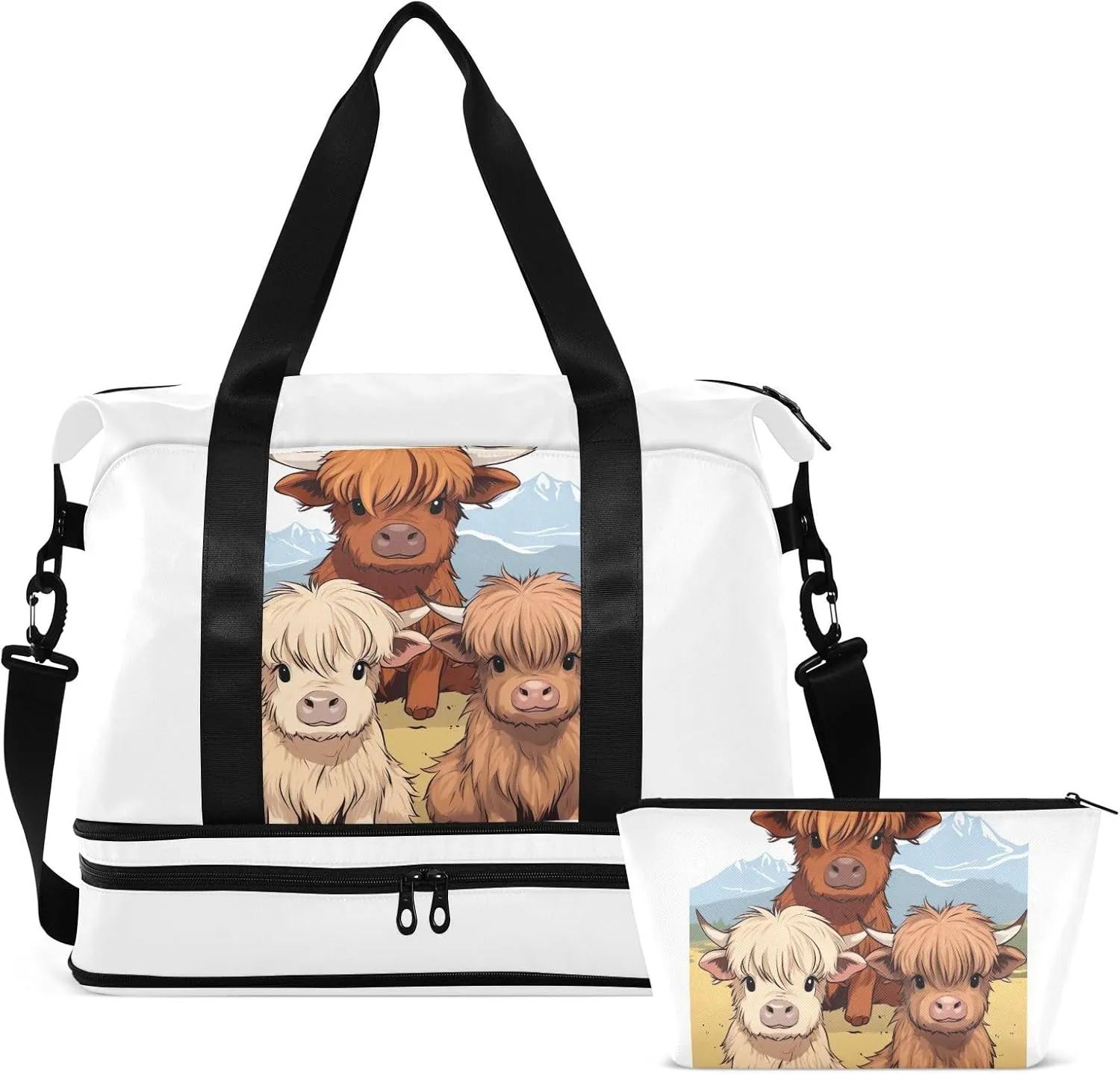 Highland Cow Highscottish Cattle Gym Bag for Women & Men,Duffel Bag with Shoe Pocket,Weekender Overnight Bag with Trolley Sleeve for Travel 21218011