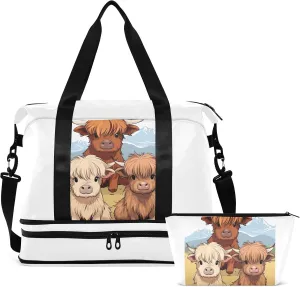 Highland Cow Highscottish Cattle Gym Bag for Women & Men,Duffel Bag with Shoe Pocket,Weekender Overnight Bag with Trolley Sleeve for Travel 21218011