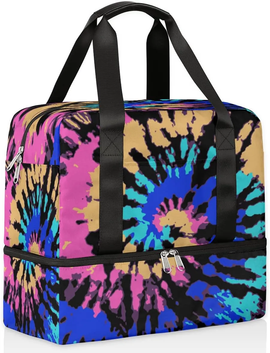 Hippie Rainbow Psychedelic Tie Dye Swirl Travel Duffel Bag Sports Tote Gym Bag, Double layer Large Waterproof Overnight Shoulder Weekender Bag for Women Men…
