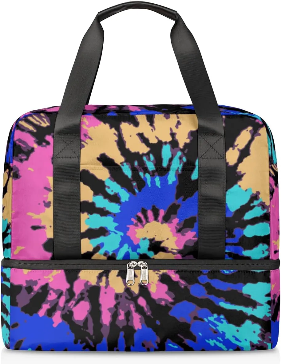 Hippie Rainbow Psychedelic Tie Dye Swirl Travel Duffel Bag Sports Tote Gym Bag, Double layer Large Waterproof Overnight Shoulder Weekender Bag for Women Men…