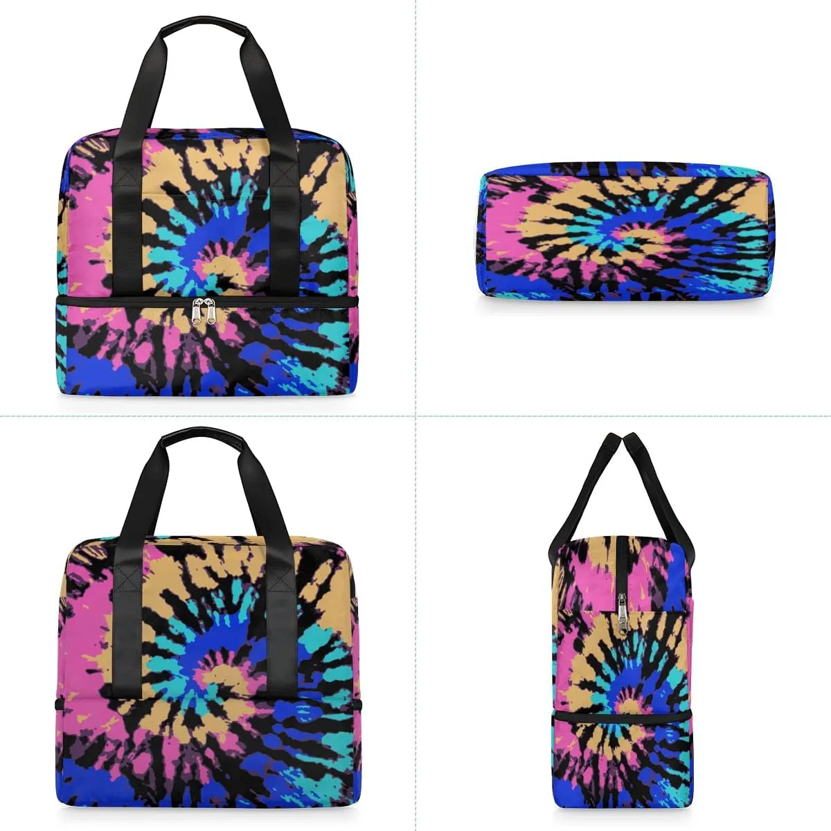 Hippie Rainbow Psychedelic Tie Dye Swirl Travel Duffel Bag Sports Tote Gym Bag, Double layer Large Waterproof Overnight Shoulder Weekender Bag for Women Men…