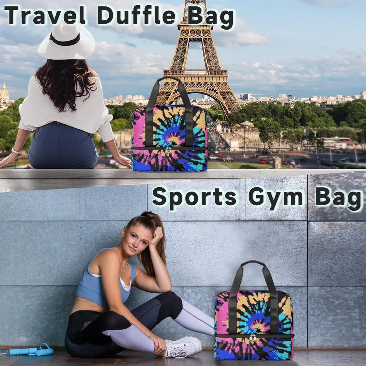 Hippie Rainbow Psychedelic Tie Dye Swirl Travel Duffel Bag Sports Tote Gym Bag, Double layer Large Waterproof Overnight Shoulder Weekender Bag for Women Men…