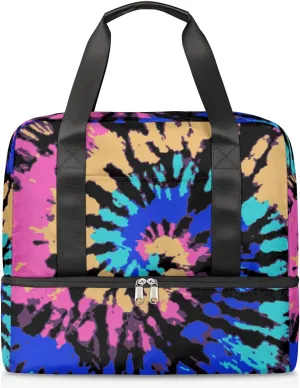 Hippie Rainbow Psychedelic Tie Dye Swirl Travel Duffel Bag Sports Tote Gym Bag, Double layer Large Waterproof Overnight Shoulder Weekender Bag for Women Men…