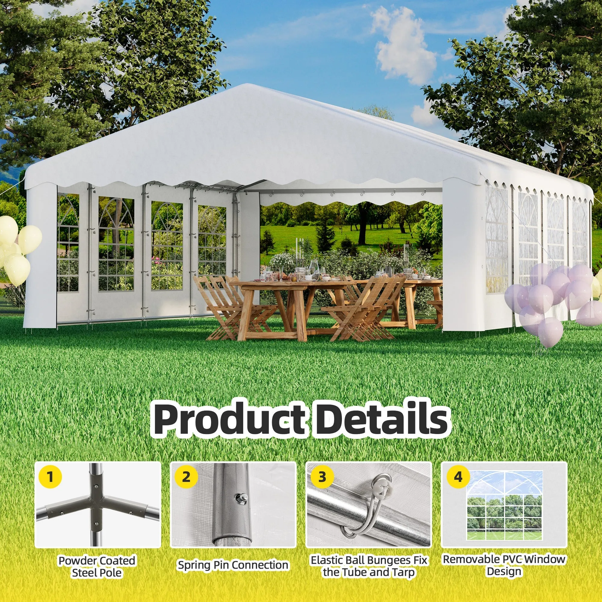 HOMREST 13x26 Ft Heavy Duty Party Tent Gazebo For Events Weddings BBQs Removable Sidewall Windows Storage Bags Included White