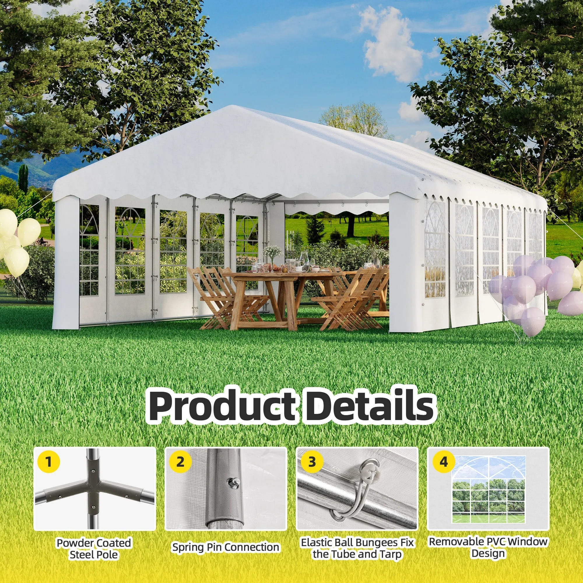 HOMREST 16x32 Ft Heavy Duty Party Tent Gazebo For Events Weddings BBQs Removable Sidewall Windows Storage Bags Included White