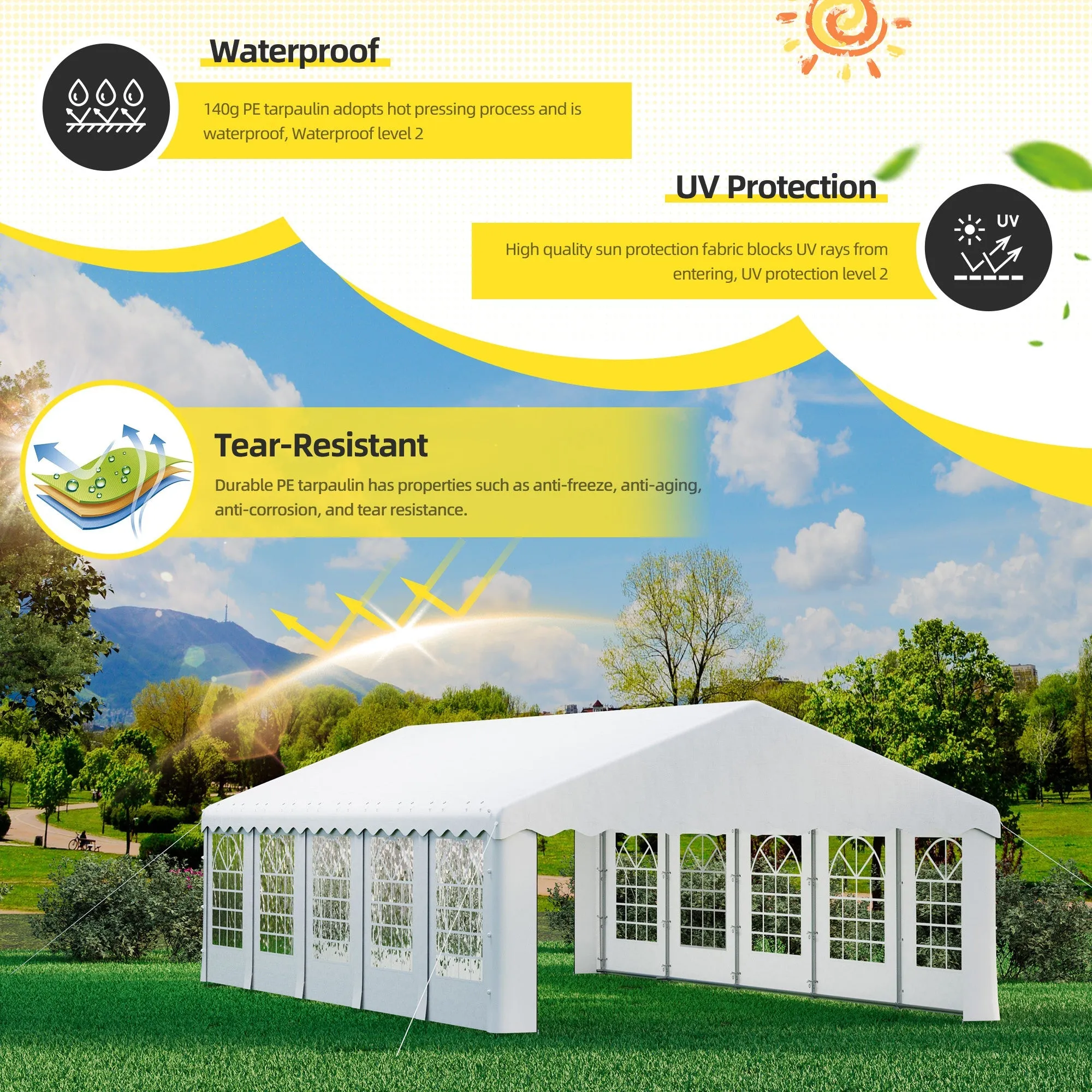 HOMREST 16x32 Ft Heavy Duty Party Tent Gazebo For Events Weddings BBQs Removable Sidewall Windows Storage Bags Included White