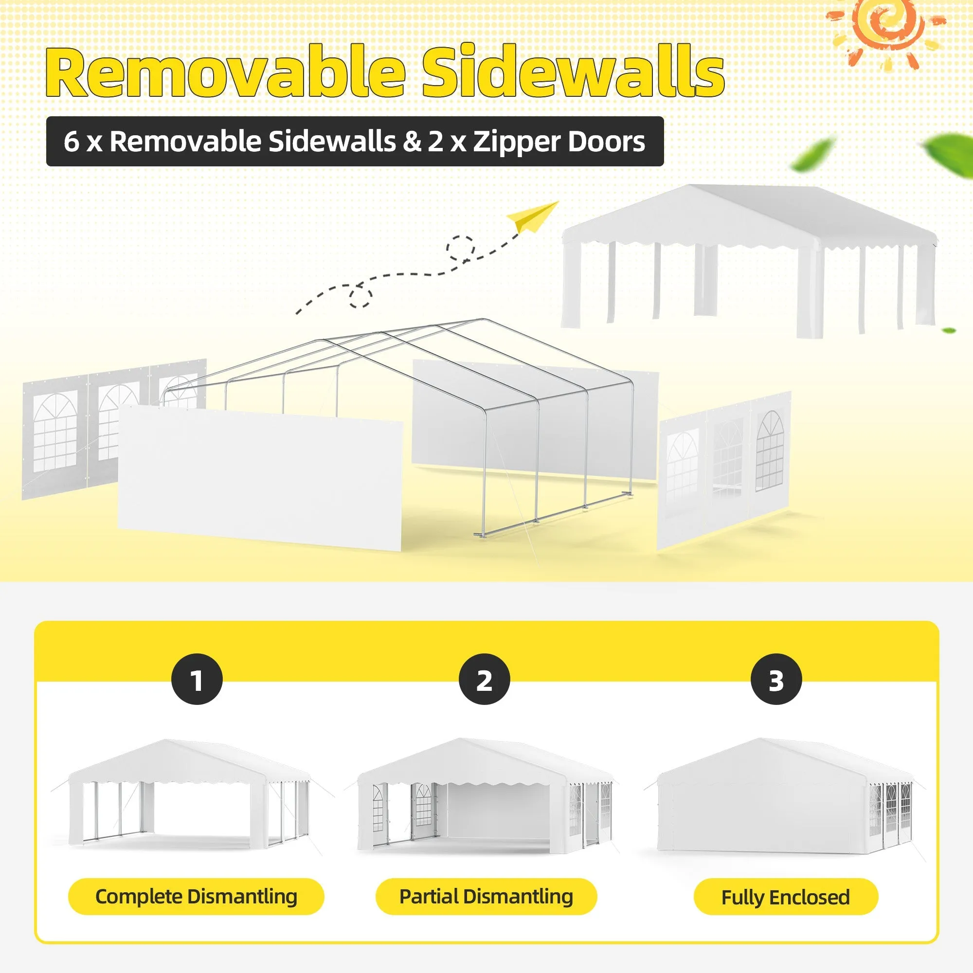 HOMREST 20x20 Ft Heavy Duty Party Tent Gazebo For Events Weddings BBQs Removable Sidewall Windows Storage Bags Included White