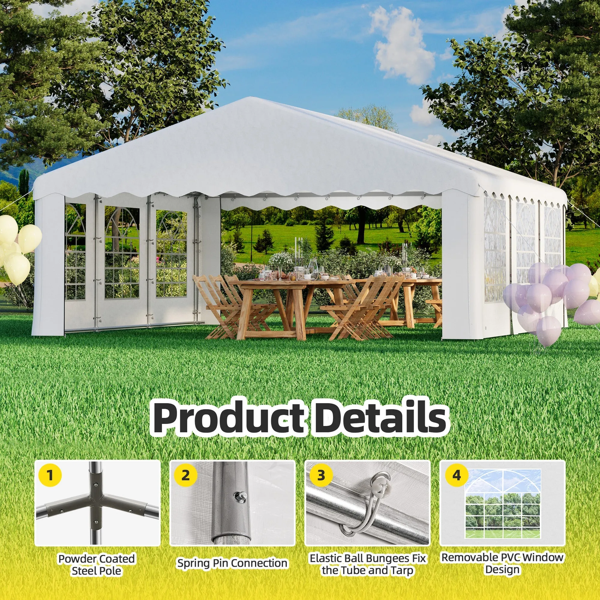 HOMREST 20x20 Ft Heavy Duty Party Tent Gazebo For Events Weddings BBQs Removable Sidewall Windows Storage Bags Included White