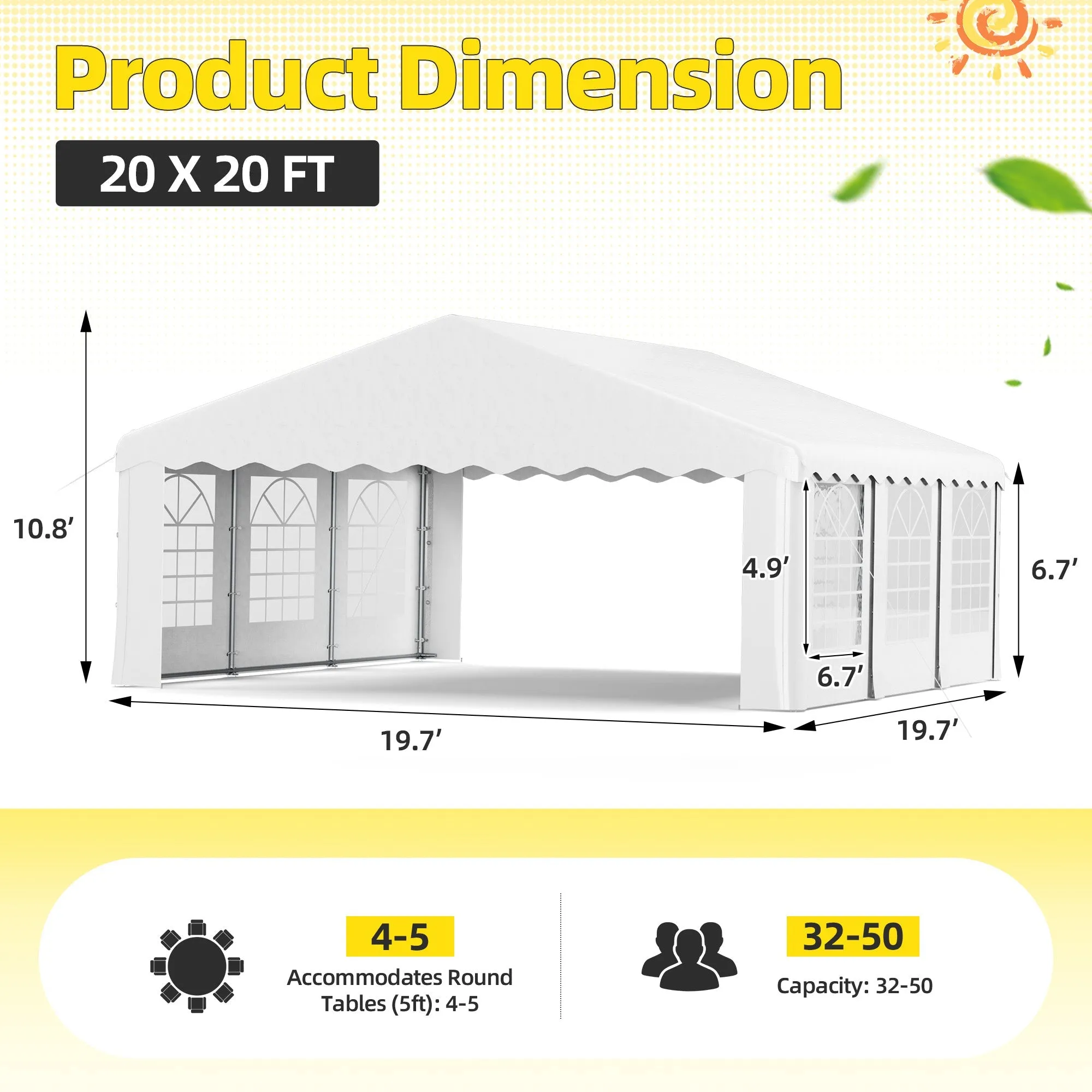 HOMREST 20x20 Ft Heavy Duty Party Tent Gazebo For Events Weddings BBQs Removable Sidewall Windows Storage Bags Included White
