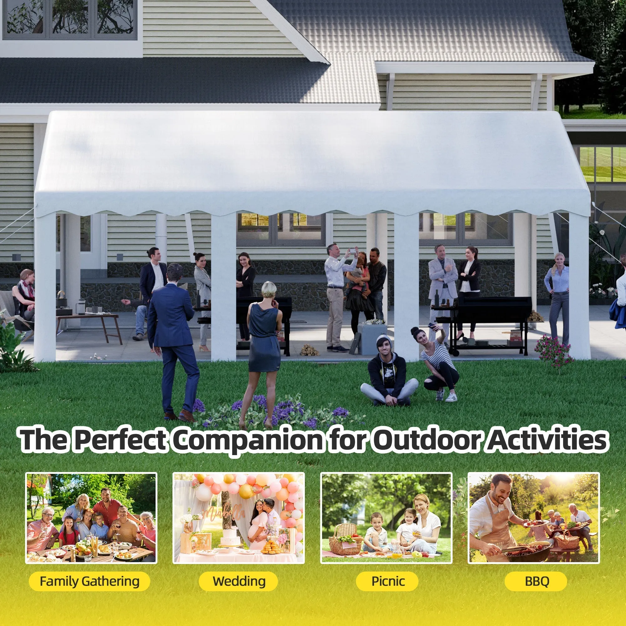 HOMREST 20x20 Ft Heavy Duty Party Tent Gazebo For Events Weddings BBQs Removable Sidewall Windows Storage Bags Included White