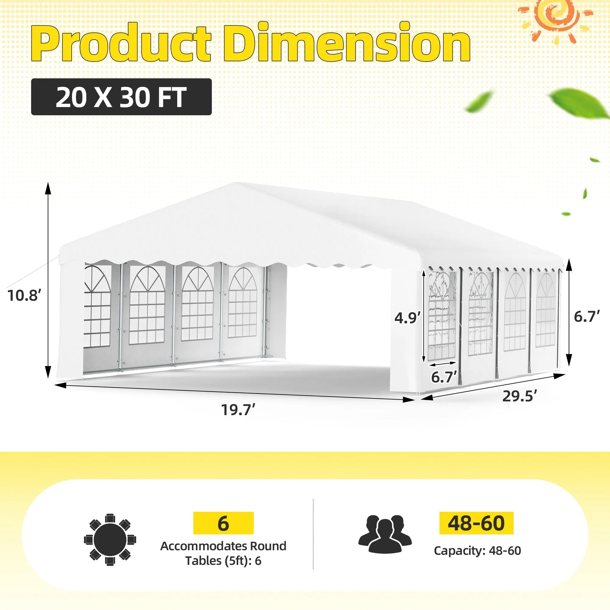 HOMREST 20x30 Ft Heavy Duty Party Tent Gazebo For Events Weddings BBQs Removable Sidewall Windows Storage Bags Included White