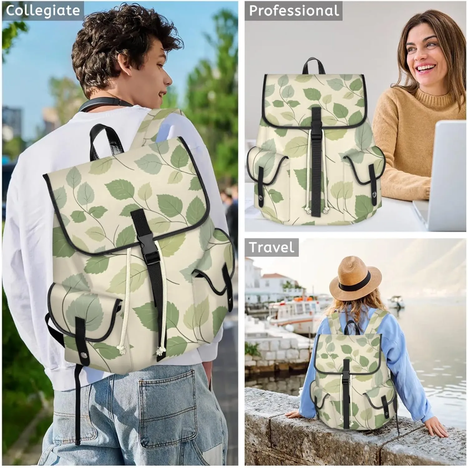 Honeybaby Vintage Waterproof Laptop Backpack for Men/Women Travel Essentials Backpack Expandable Carry On Bag with Anti-Theft Compartment Fits 15" Notebook Delicate Leaves