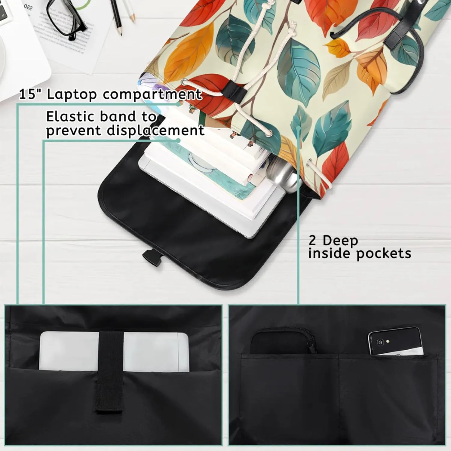 Honeybaby Vintage Waterproof Laptop Backpack for Men/Women Travel Essentials Backpack Expandable Carry On Bag with Anti-Theft Compartment Fits 15" Notebook Leaves Plant Theme