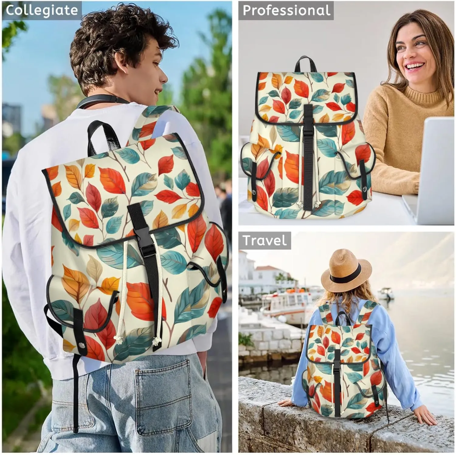 Honeybaby Vintage Waterproof Laptop Backpack for Men/Women Travel Essentials Backpack Expandable Carry On Bag with Anti-Theft Compartment Fits 15" Notebook Leaves Plant Theme
