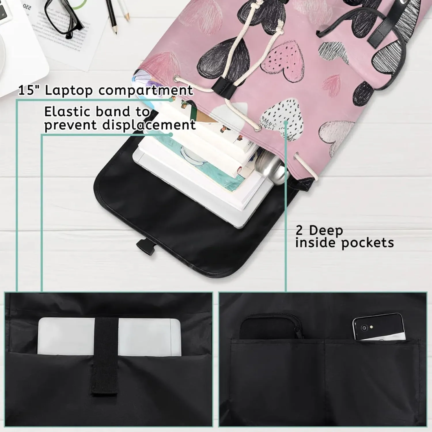 Honeybaby Vintage Waterproof Laptop Backpack for Men/Women Travel Essentials Backpack Expandable Carry On Bag with Anti-Theft Compartment Fits 15" Notebook Lovely Heart Print