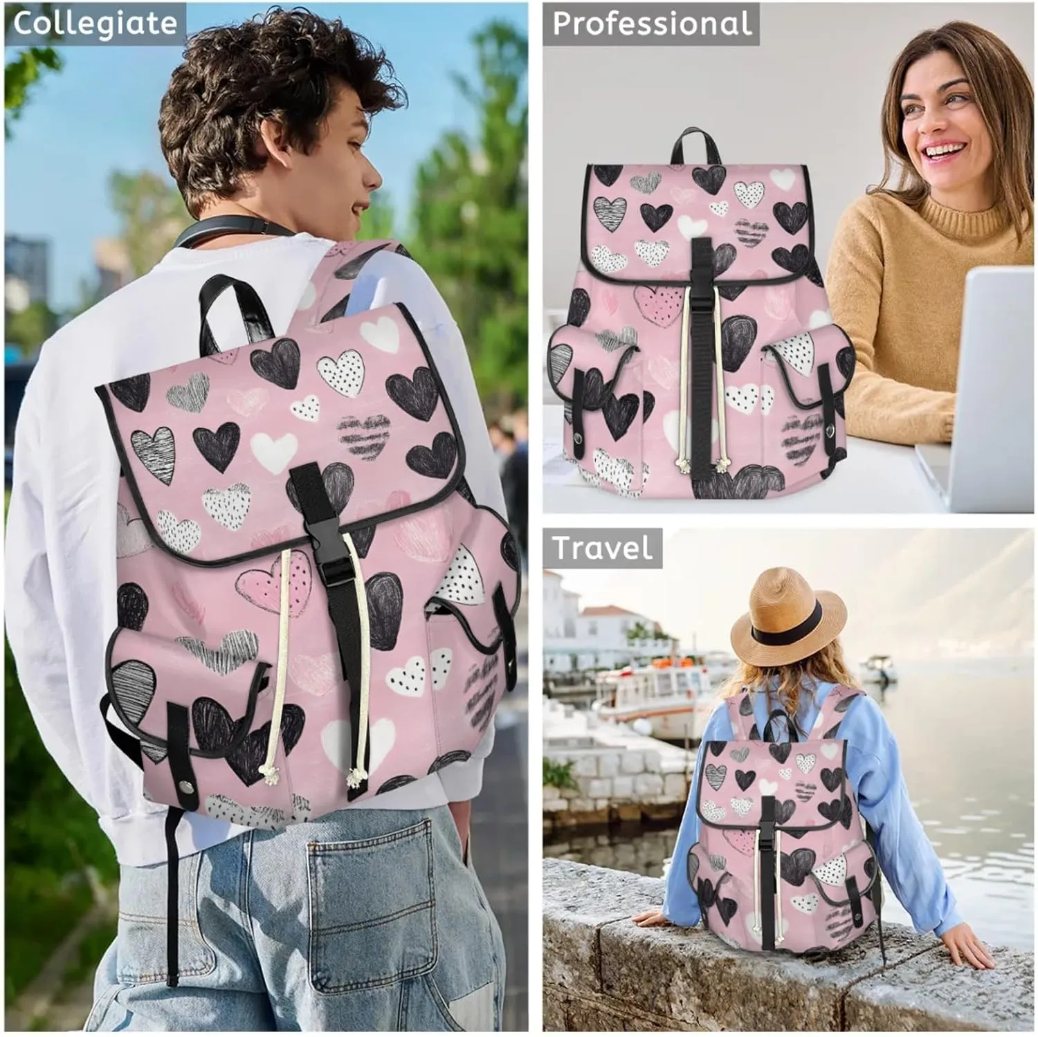 Honeybaby Vintage Waterproof Laptop Backpack for Men/Women Travel Essentials Backpack Expandable Carry On Bag with Anti-Theft Compartment Fits 15" Notebook Lovely Heart Print