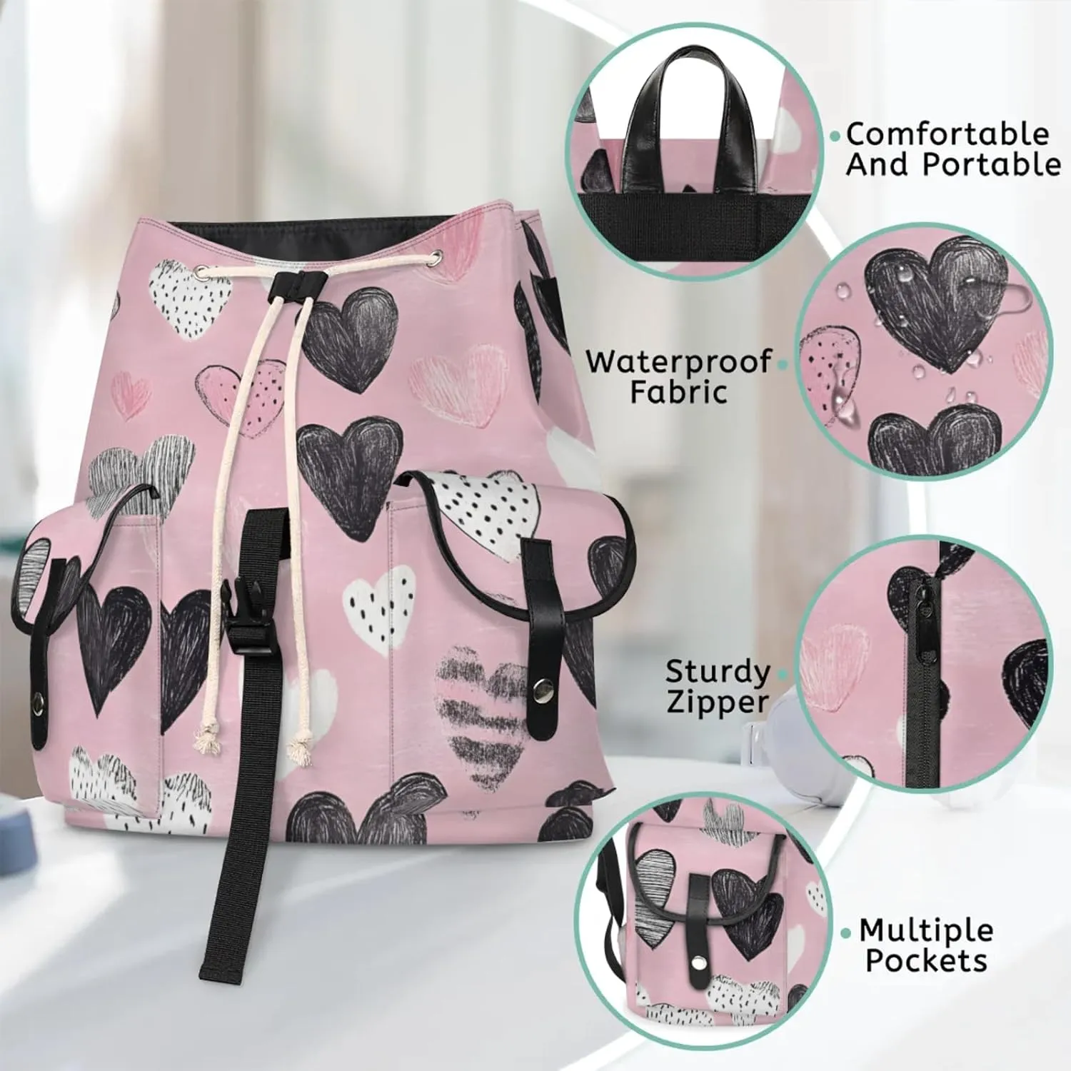 Honeybaby Vintage Waterproof Laptop Backpack for Men/Women Travel Essentials Backpack Expandable Carry On Bag with Anti-Theft Compartment Fits 15" Notebook Lovely Heart Print