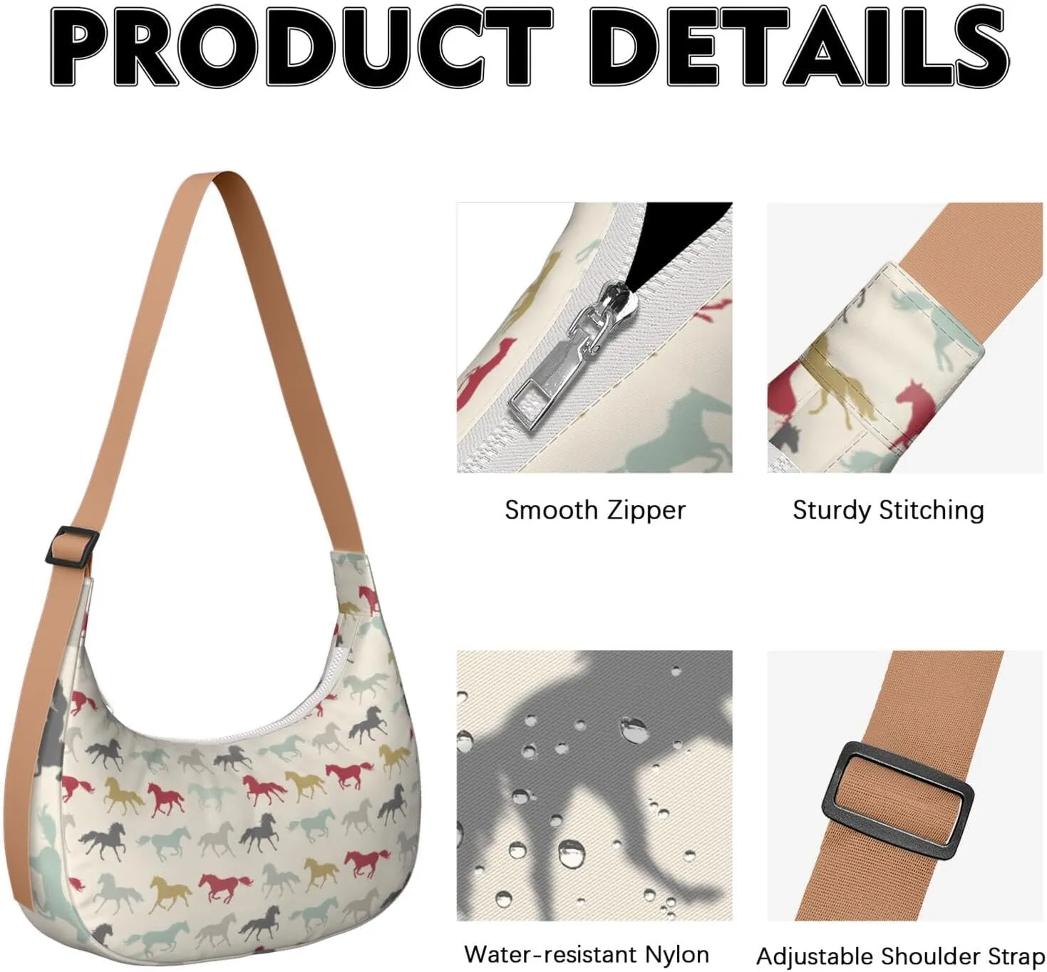 Horse Sling Crossbody Bag for Women Crescent Bag with Adjustable Strap Waterproof Nylon Pony Floral Shoulder Bag for Daily
