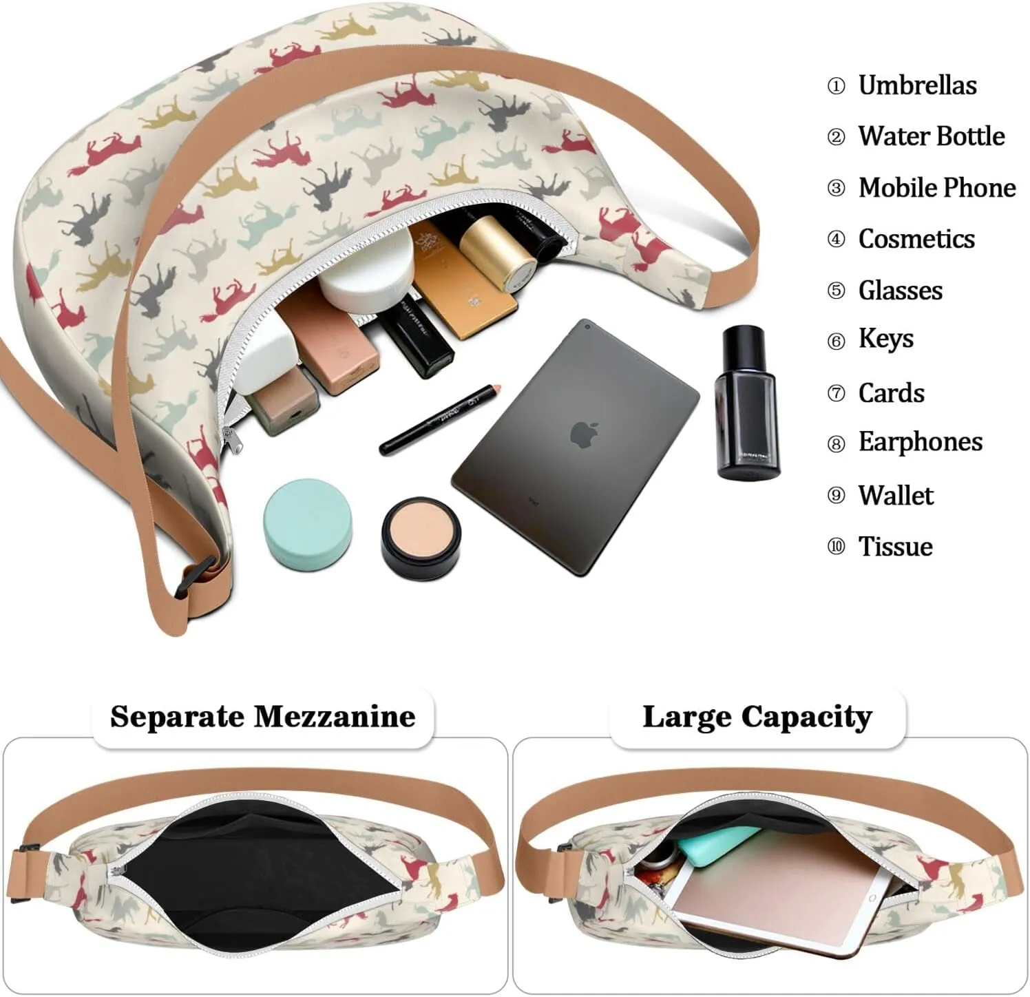 Horse Sling Crossbody Bag for Women Crescent Bag with Adjustable Strap Waterproof Nylon Pony Floral Shoulder Bag for Daily
