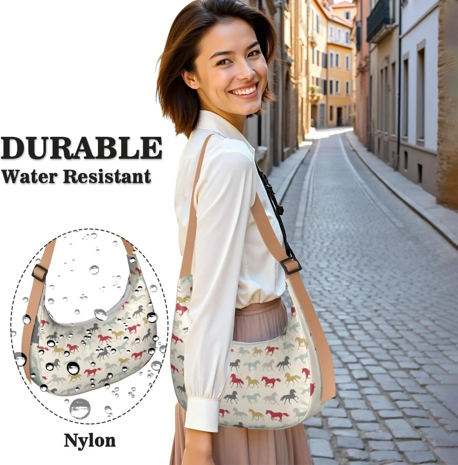 Horse Sling Crossbody Bag for Women Crescent Bag with Adjustable Strap Waterproof Nylon Pony Floral Shoulder Bag for Daily