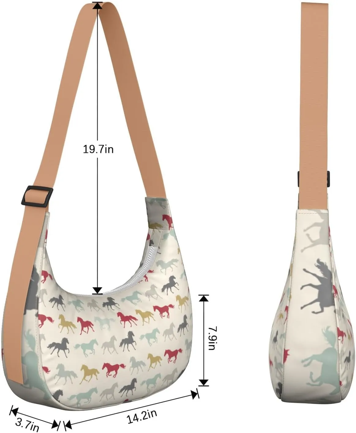 Horse Sling Crossbody Bag for Women Crescent Bag with Adjustable Strap Waterproof Nylon Pony Floral Shoulder Bag for Daily