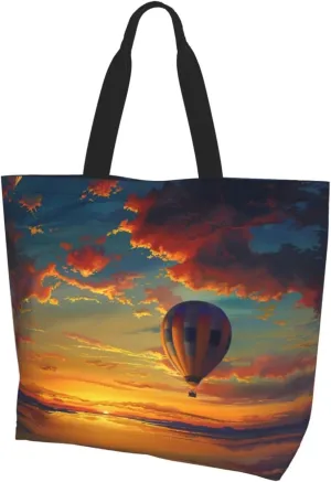 Hot Air Balloon Sunset Printed Shoulder Bag Women Casual Handbag Shopping Bag Black One Size, black, Einheitsgröße