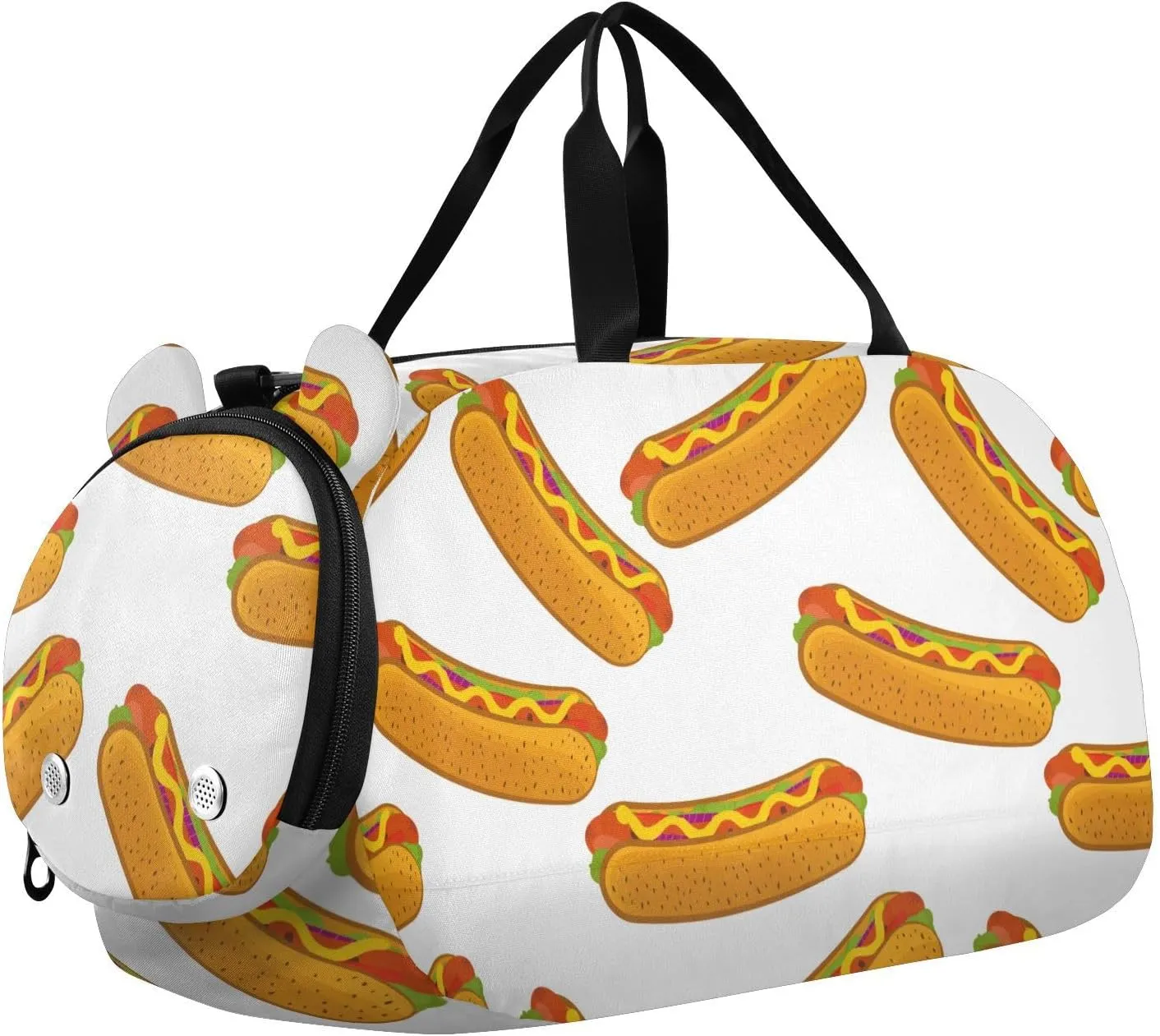 Hot Dog on White Background Gym Travel Duffel Bag with Shoe Compartment for Boys Girls - Gymnastics Sports Dance Football Travel Bag Teens Weekender Sleepover