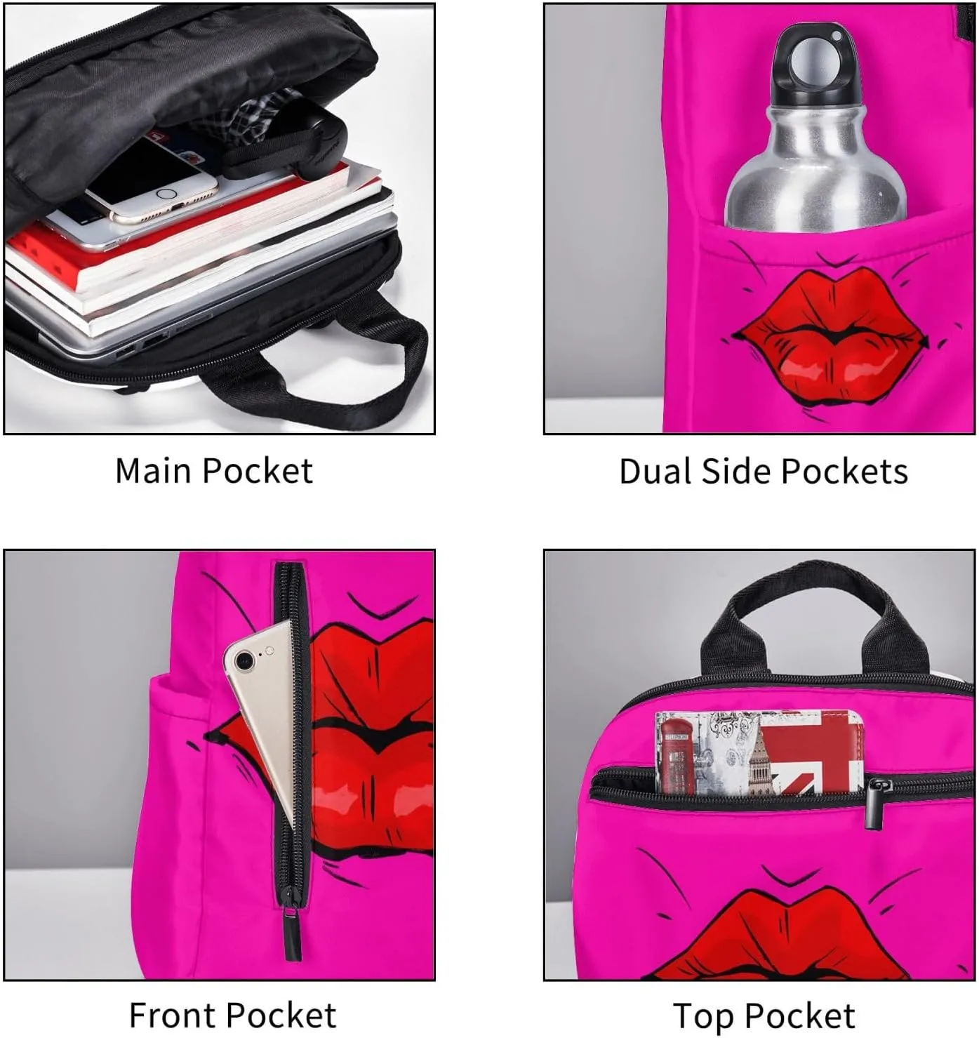 Hot Red Lips Kissing Casual Backpacks Large Capacity Laptop Backpack Sports Rucksack Travel Daypack Adjustable Shoulder Strap Work Bag for Outdoor Camping