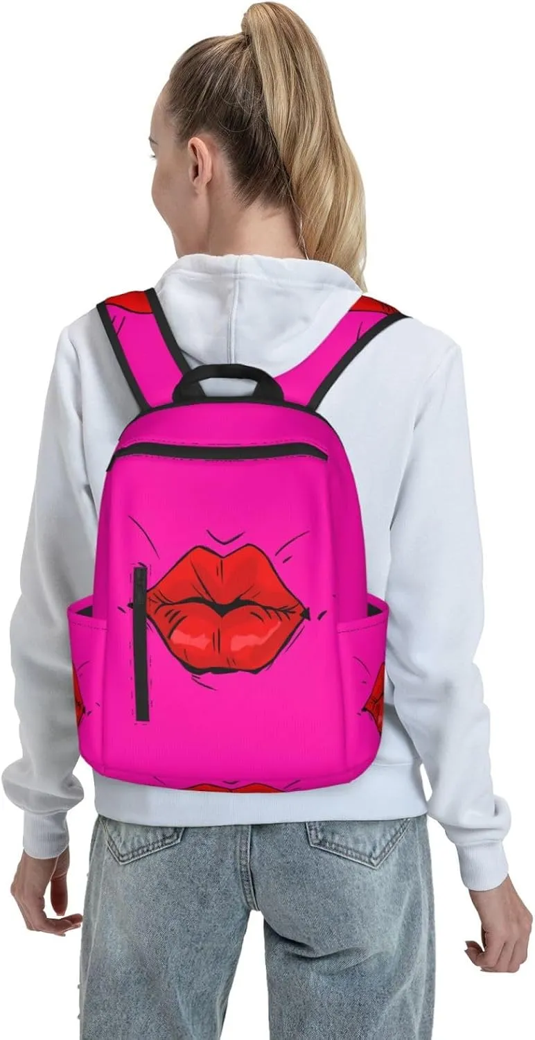 Hot Red Lips Kissing Casual Backpacks Large Capacity Laptop Backpack Sports Rucksack Travel Daypack Adjustable Shoulder Strap Work Bag for Outdoor Camping
