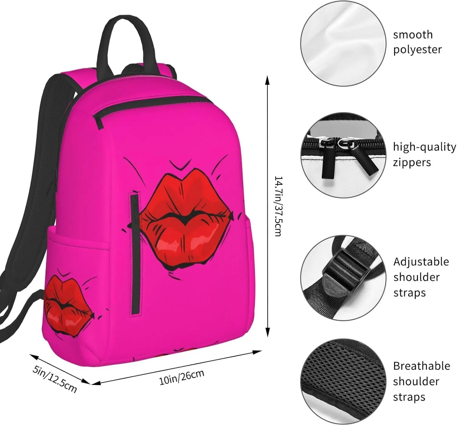 Hot Red Lips Kissing Casual Backpacks Large Capacity Laptop Backpack Sports Rucksack Travel Daypack Adjustable Shoulder Strap Work Bag for Outdoor Camping