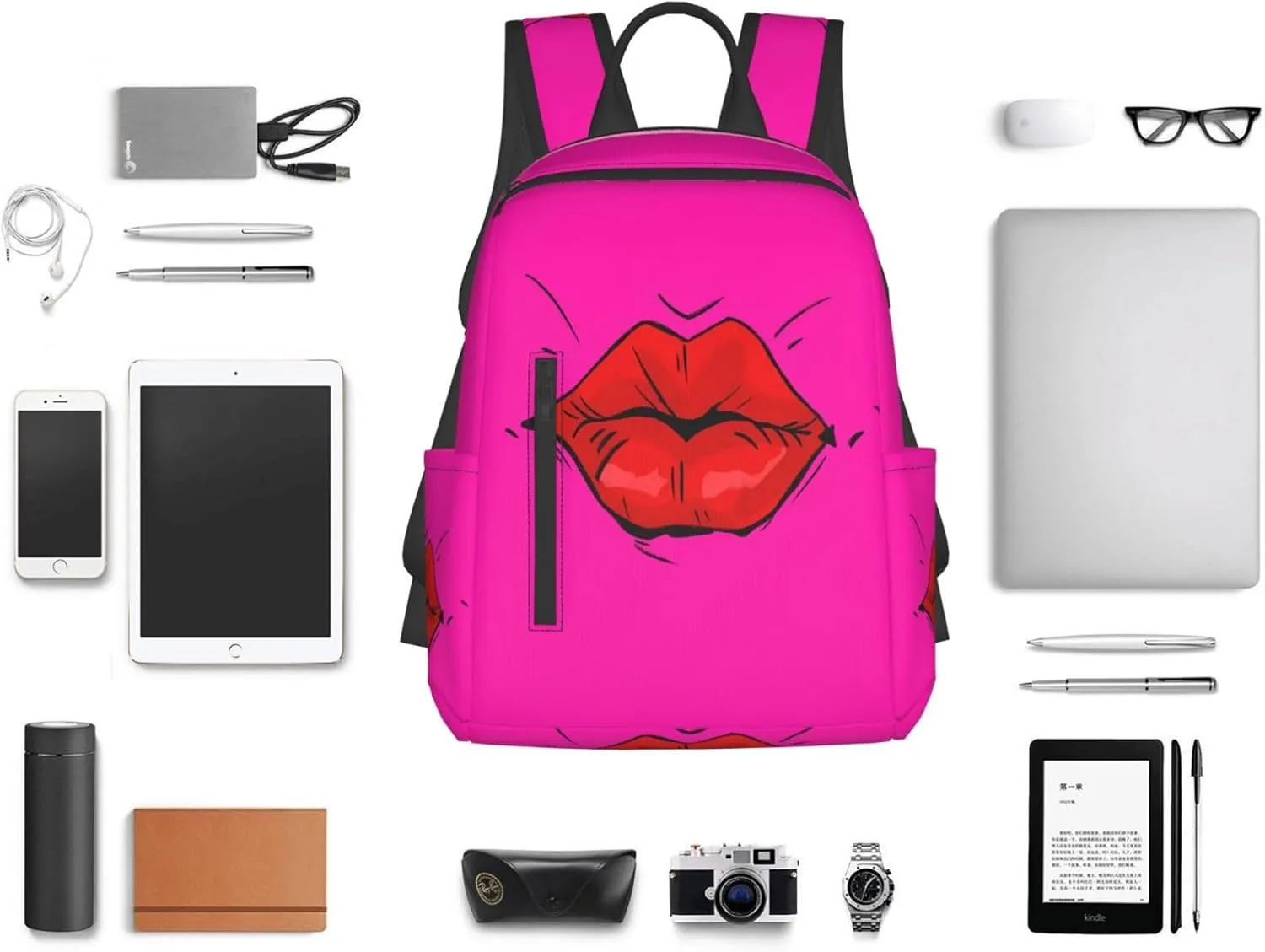 Hot Red Lips Kissing Casual Backpacks Large Capacity Laptop Backpack Sports Rucksack Travel Daypack Adjustable Shoulder Strap Work Bag for Outdoor Camping