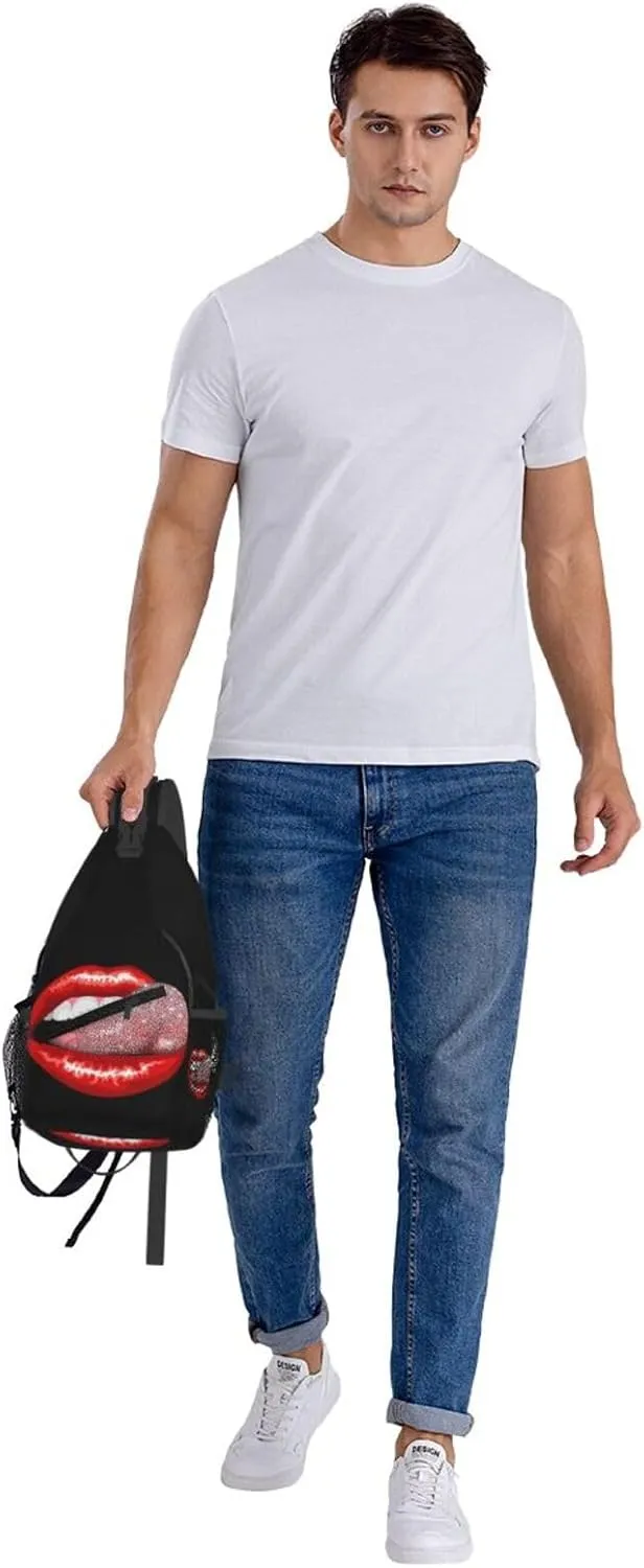 Hot Red Lips Stick Out Tongue Crossbody Bag Cross Chest Bag Adjustable Sling Backpack Sports Gym Shoulder Bags Travel Cycling Daypack Diagonally Casual Rucksack