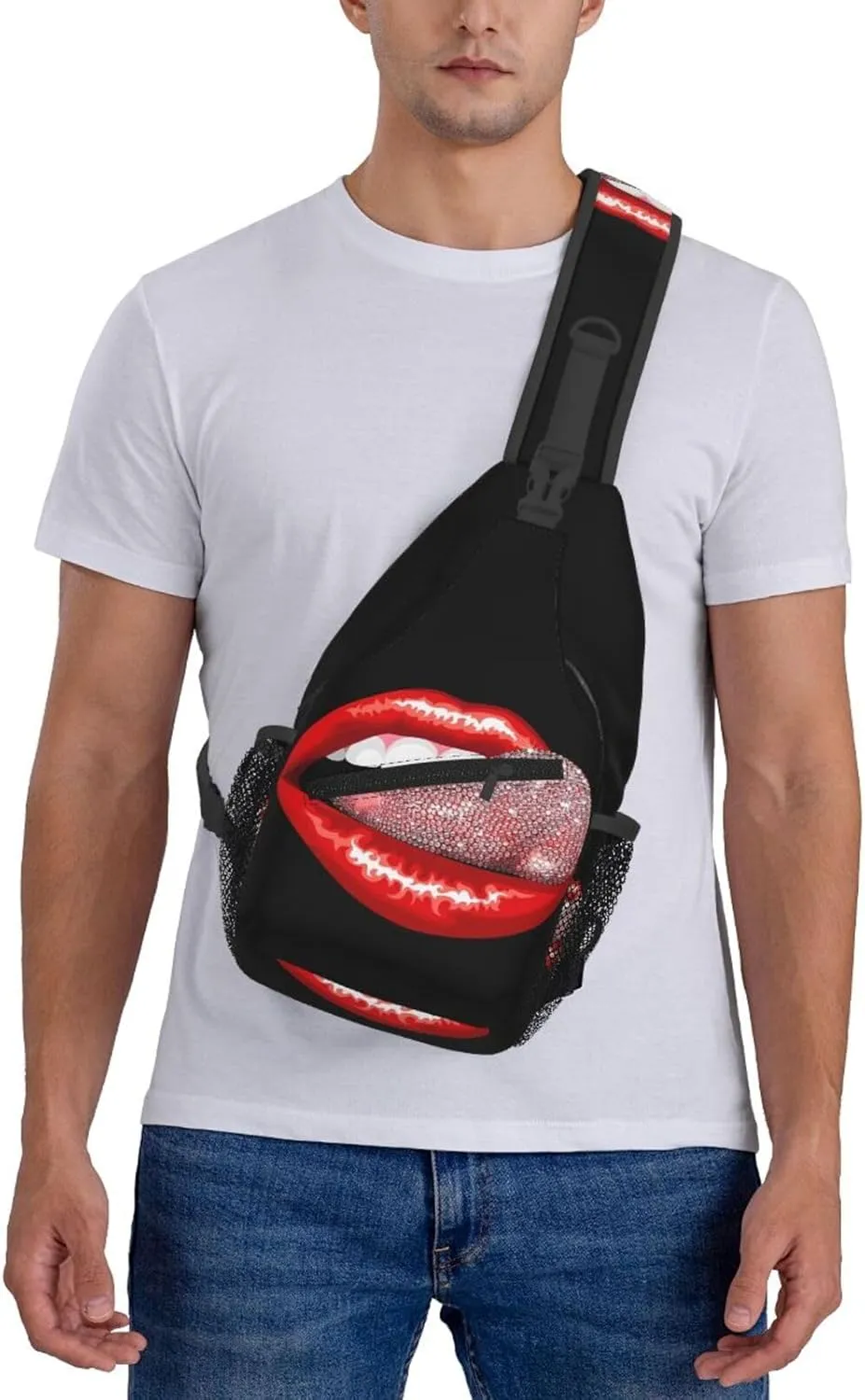 Hot Red Lips Stick Out Tongue Crossbody Bag Cross Chest Bag Adjustable Sling Backpack Sports Gym Shoulder Bags Travel Cycling Daypack Diagonally Casual Rucksack
