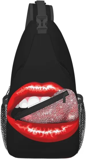 Hot Red Lips Stick Out Tongue Crossbody Bag Cross Chest Bag Adjustable Sling Backpack Sports Gym Shoulder Bags Travel Cycling Daypack Diagonally Casual Rucksack