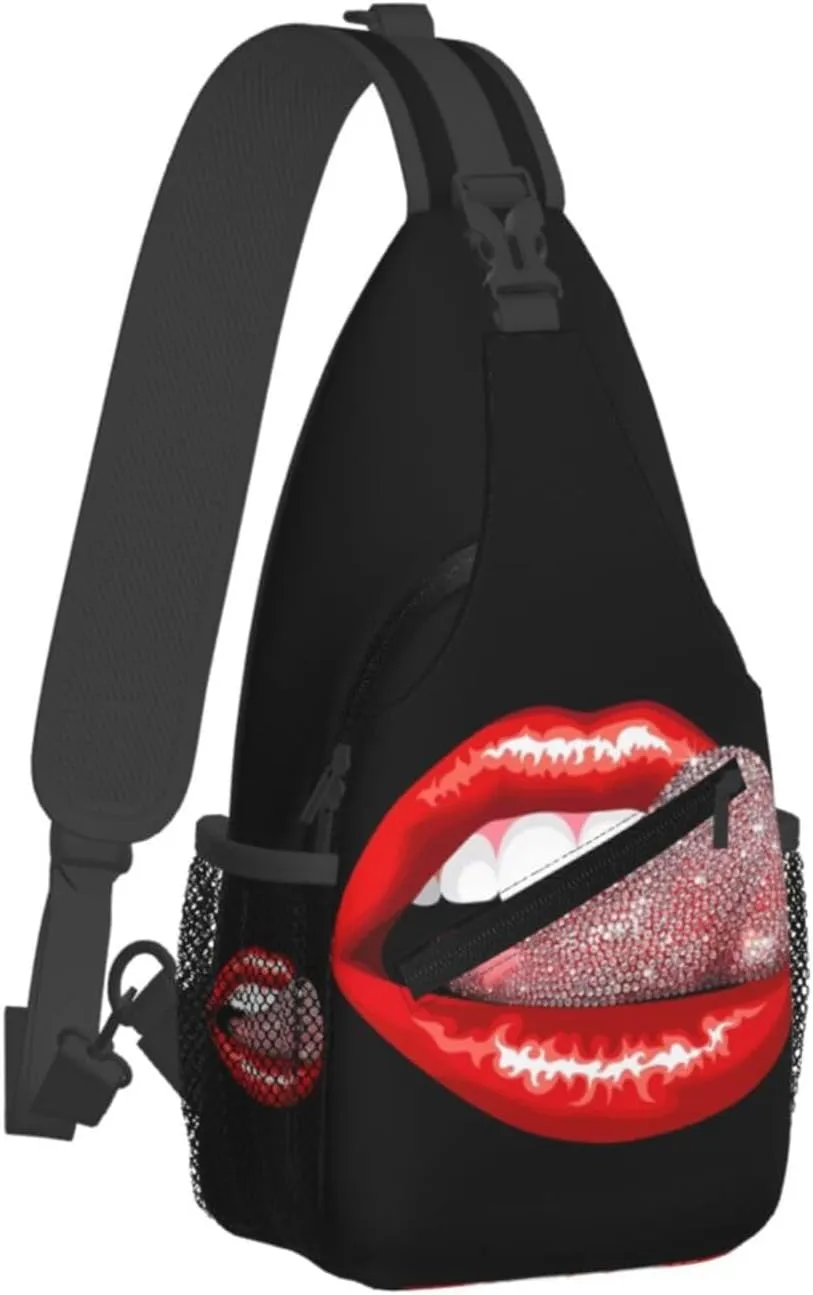 Hot Red Lips Stick Out Tongue Crossbody Bag Cross Chest Bag Adjustable Sling Backpack Sports Gym Shoulder Bags Travel Cycling Daypack Diagonally Casual Rucksack